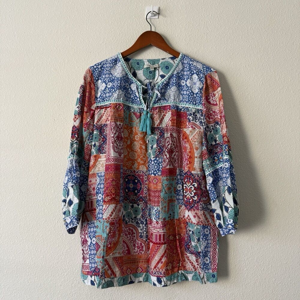 John Mark Peasant Blouse Womens XL Multicolor Boho Paisley Tie Neck Tassels